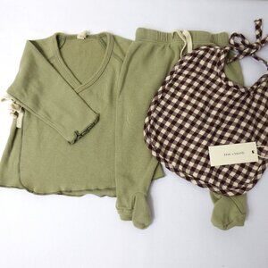 Quincy Mae Wrap Top& Footed Pant Set with NWT Gingham Bib, Size 3-6 Mos